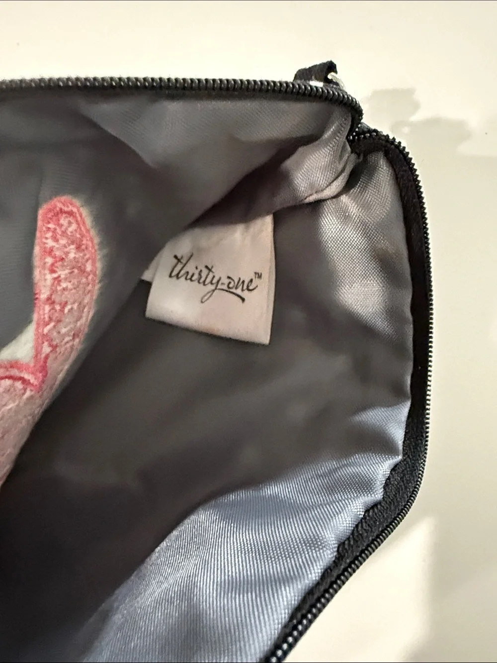 Thirty One Gifts Black Polka Dot Zipper Pouch with Pink Heart Patch